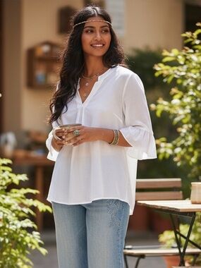 J. Crew Woman’s Sheer V neck Gathered 
Quarter sleeve Cotton oversized blouse